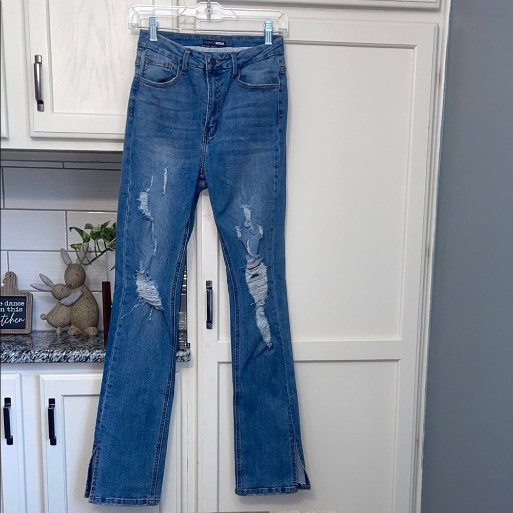 Fashion Nova High Waisted Distressed Flare Jeans Blue Slit Hem Size 7 DG7025HM